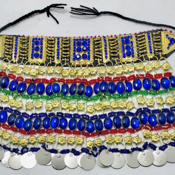 Blue Stone Beads Choker Necklace, Afghan Tribal Choker Necklace, Boho Statement - Picture 7 of 11